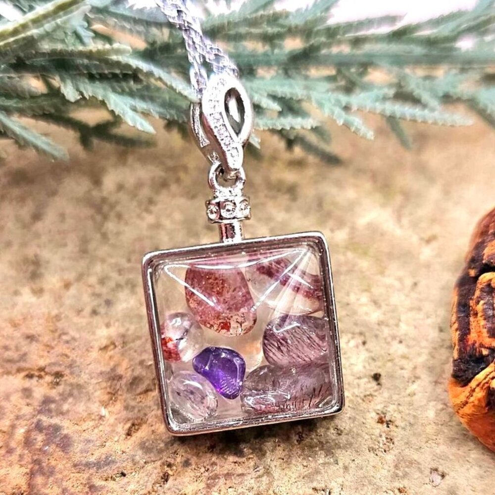 Floating Nature Super Seven Crystals Silver Square Pendant Necklace